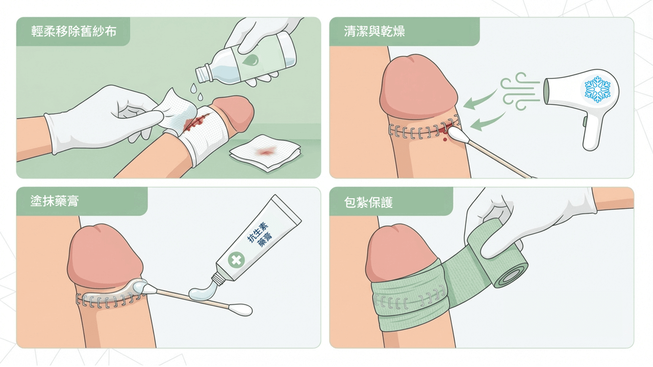 包皮槍術後換藥步驟圖解：移除紗布、清潔乾燥、塗抹藥膏、包紮保護